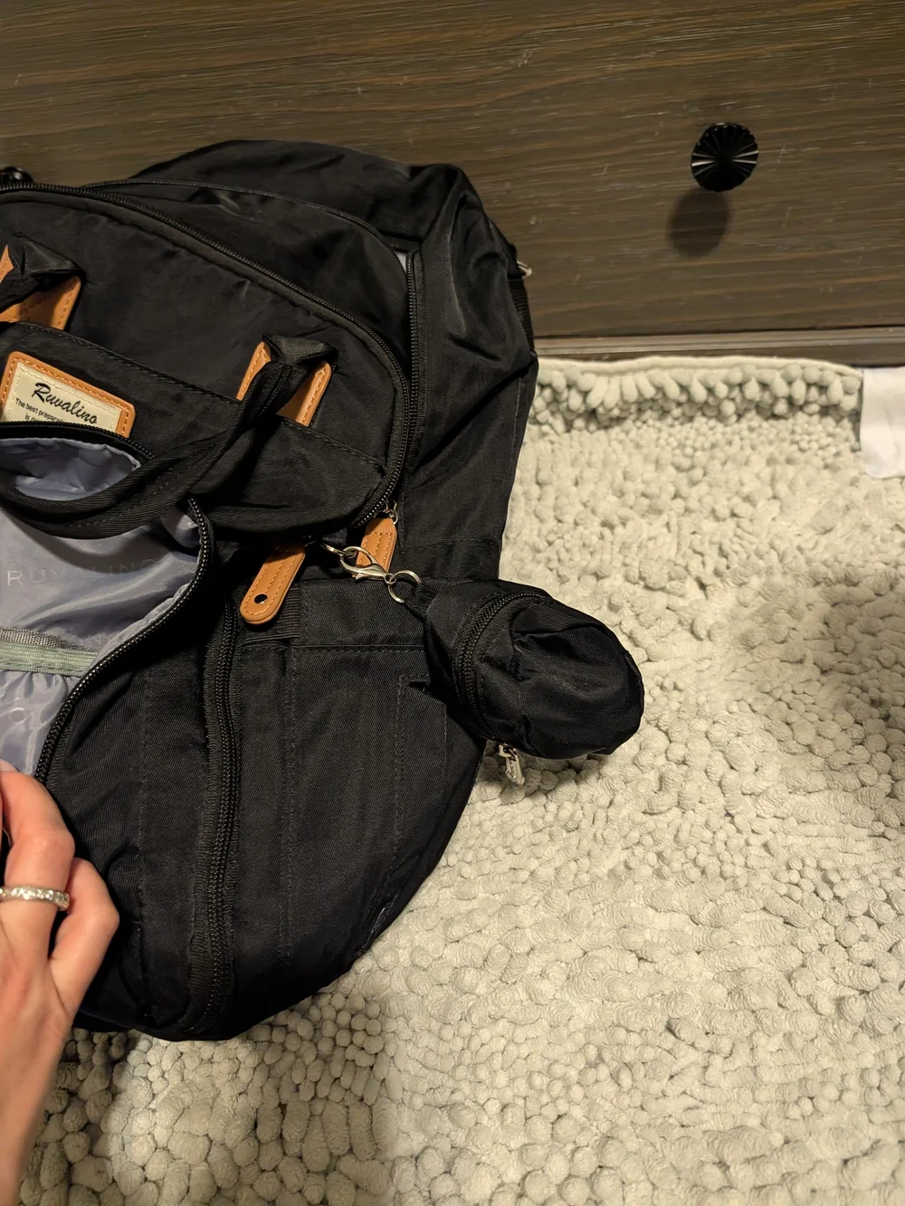 Baby Bag Black Nylon Backpack with Tan Accents
